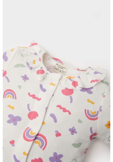 DeFacto Kız Bebek Yenidoğan 2'li Tulum Gökkuşağı Baskılı Waffle Uzun Kollu Tulum Saç Bandı E2379A525SPER105 Ekru