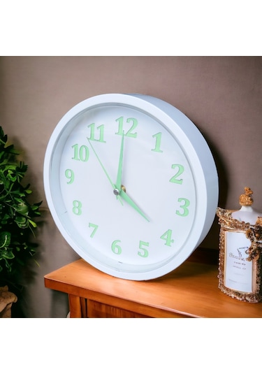 Fosforlu Gece Parlayan Beyaz Salon Mutfak Ofis Duvar Saati 22 Cm Beyaz