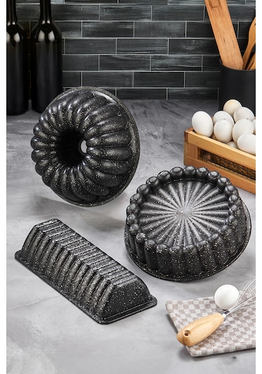 Polochef Döküm Granit 3'lü Kek Kalıbı Siyah