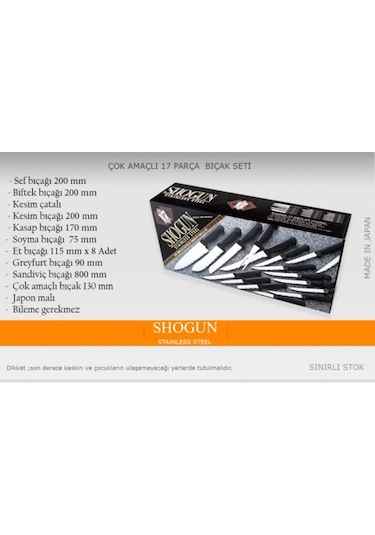 Shogun Japon Malı Tırtıklı Bıçak Seti Keskin Ağızlı Paslanmaz Mutfak Bıçağı Set 17 Parça Günlük Gri - Siyah