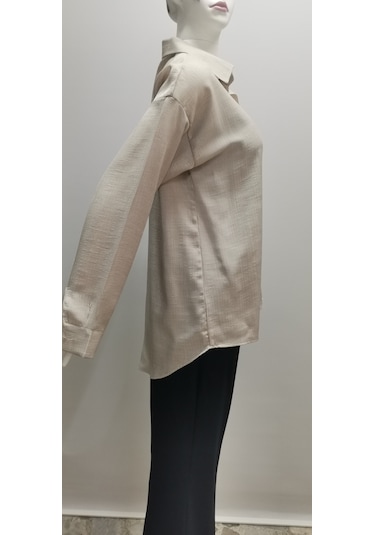 Kadın Uzun Kollu Salaş Parlak Simli Kumaş Pamuk Gömlek Bej