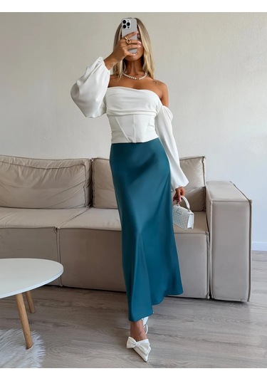 Knitbeat Kadınlar İçin Lastikli Saten Etek 479526530 Zümrüt