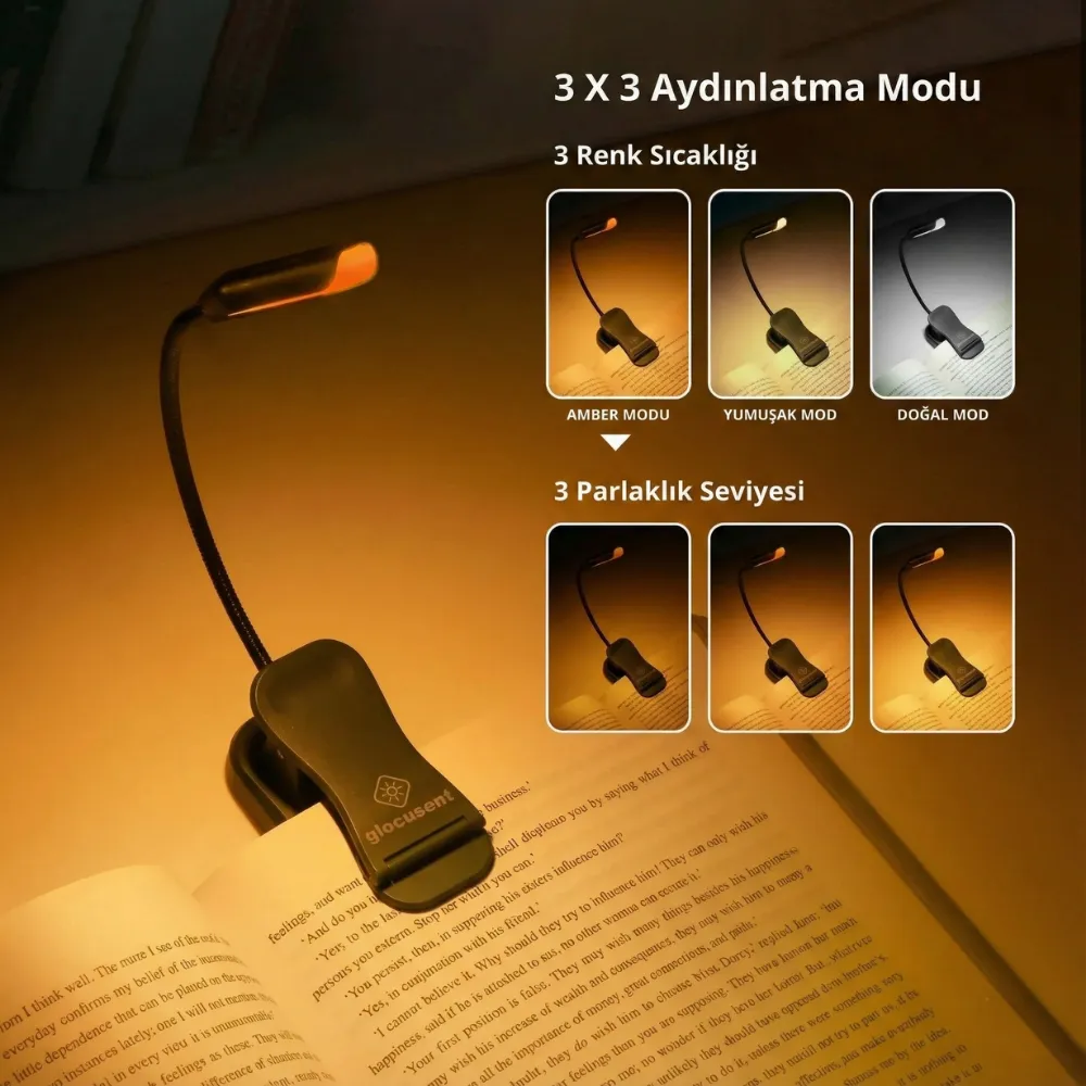 Glocusent Cep Boy Klipsli Okuma Lambası 3 Renk, 9 Işık Ayarı, Usb-c Hızlı Şarj - Mor