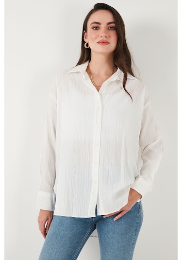 Lela Regular Fit Uzun Kollu Dokulu Bayan Gömlek 6772799 Beyaz