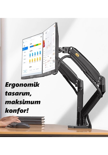 North Bayou Nb G35 22''-32'' Çift Monitör Standı Amörtisörlü Ayarlanabilir Masa Aparatı - 12kg Taşıma, 360 Dönüş
