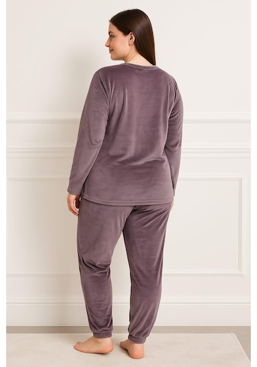 Kadın 13212 Büyük Beden Kadife Pijama Takımı Lila LILA