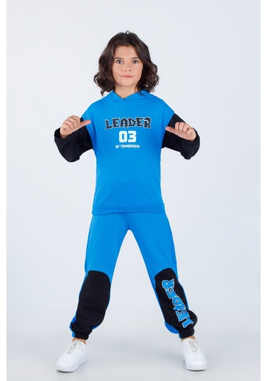 Erkek Çocuk Leader Baskılı Örme Basic Eşofman Takımı Mavi