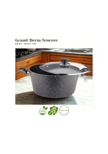 28 Cm Granit Derin Tencere Cam Kapak - Siyah Siyah