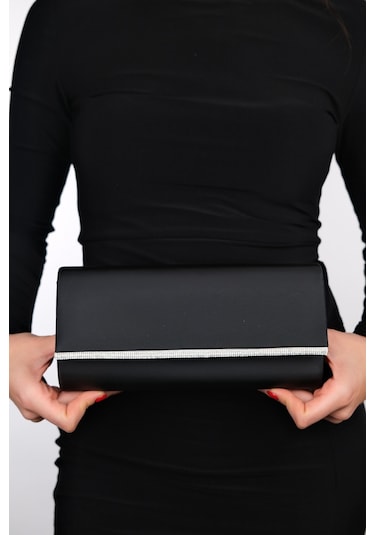 Marıa Siyah Saten Gümüş Taşlı Kadın Abiye Çanta Siyah