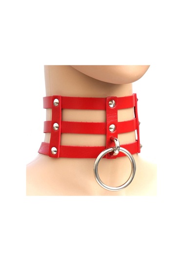 Harajuku Moda Punk İk Perçin Yaka El 3 Sıralı Kafesli Deri Yaka Kolye Kırmızı Çok Renkli