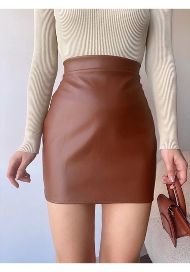 Düz Deri Etek Taba H24468 Taba