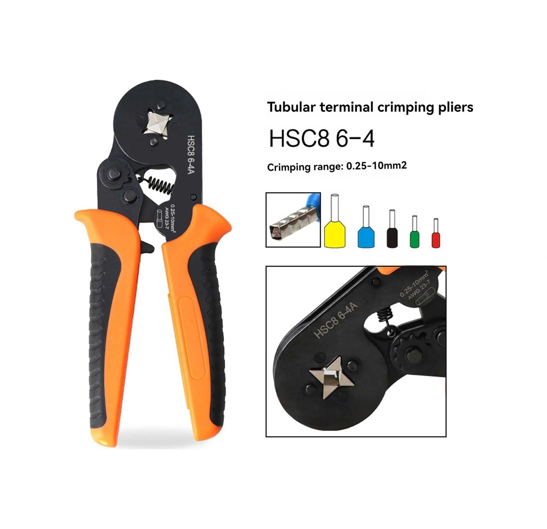 Padalink Hsc8 6-4a Dört Köşeli Boru Tipi Terminal Presi, 0.25-10m Soğuk Presleme Aracı, Portakal-siyah Kaymazsız Kollü El Aleti