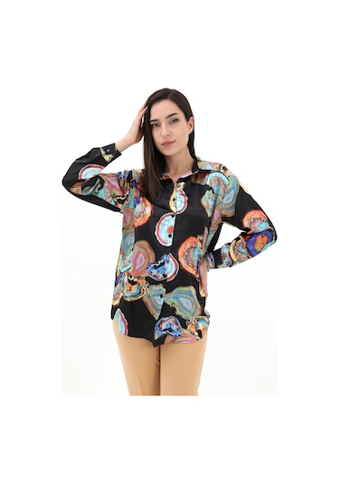 Desenli Saten Gömlek - Siyah-siyah Siyah