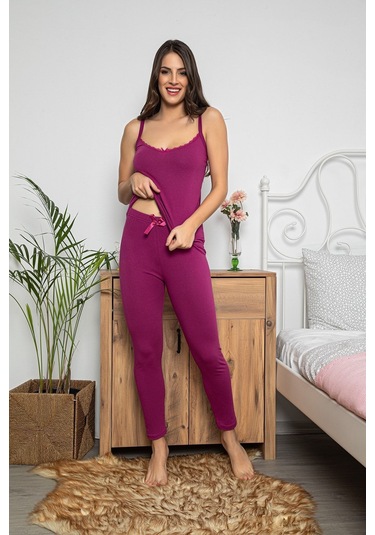 Kadın Mor Renkli Dantel Detaylı Şortlu Ve Taytlı Pijama Takımı 3'lü Set 75022 Mor