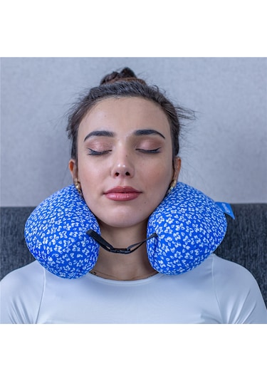 SimpleThePillow Visco Seyahat Yastığı Araba Uçak Otobüs Taşıt İçi Yolculuk Yastığı Ortopedik Yastık Desenli Mavi 31*27*10