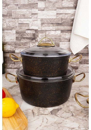 Çarşıdayız Stil 7 Parça Siyah Gold Granit Tencere Seti 26 Cm Siyah