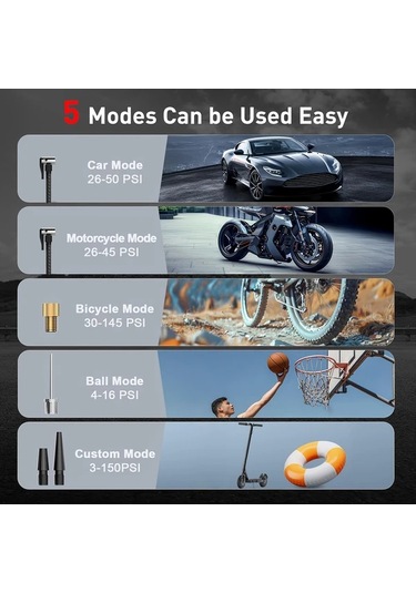 Primepickings Siyah 150psı Dijital Basınç Göstergeli Otomatik Kapanmalı Portatif Araba Lastik Şişirme Pompası Suv Bisiklet Moto Top Led Işık