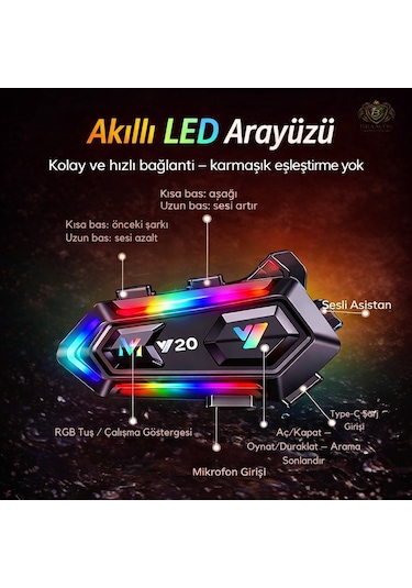 Y20 5.3 Motosiklet Kask Kulaklık Intercom Işıklı Motorsiklet Interkom