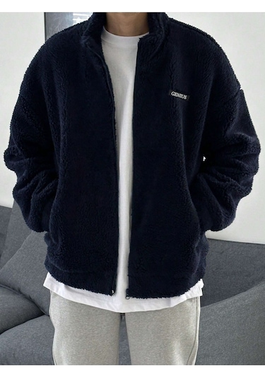 Oversize Tam Fermuarlı Kuzu Sweatshirt İçi Polarlı Sherpa Kumaş Sweatshirt Lacivert