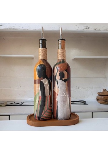 Afrika Kadın Temalı El Yapımı 750 Ml Zeytinyağı Sıvıyağ Şişesi Ya