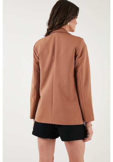 Lela Standart Fit Mono Yaka Desenli Astar Detaylı Blazer Bayan Ceket 6524003 Camel