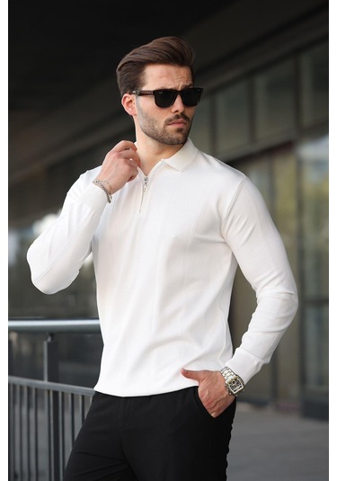 Beyaz Polo Yaka Fermuarlı Erkek Kazak E7427 Beyaz