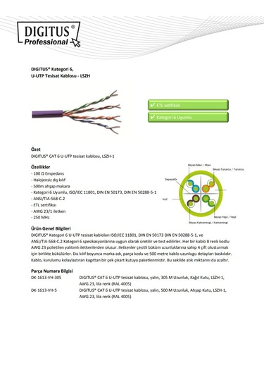 Digitus Cat6 Saf Bakır U-utp Data Kablosu Lszh Low Smoke Zero Halogen Sarı 40 Mt