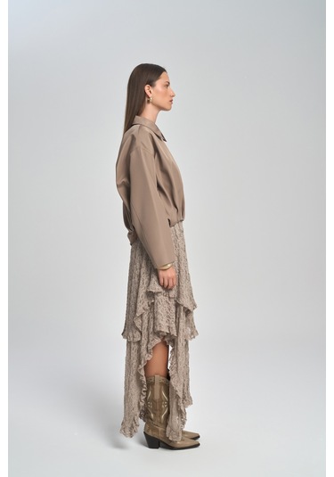 Mireya Asimetrik Vizon Dantel Etek Vizon