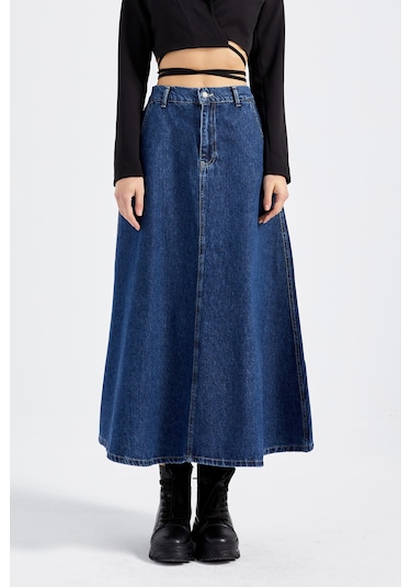 Itsbasic Kadın Mavi Renk Vinca A Tipi Kesim Denim Etek