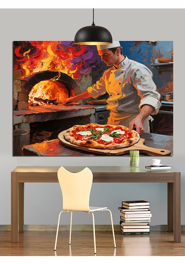 Odun Fırınında Pizza Ustası Dekoratif Kanvas - Mdf Ahşap Tablo