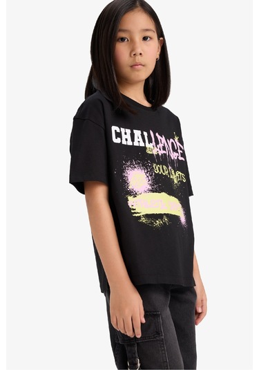 Defacto Kız Çocuk Oversize Geniş Kalıp Bisiklet Yaka Baskılı Kısa Kollu Tişört E0386a825smbk81 Siyah