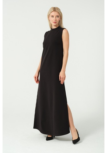 Derin Yırtmaç Basic Uzun Elbise Siyah
