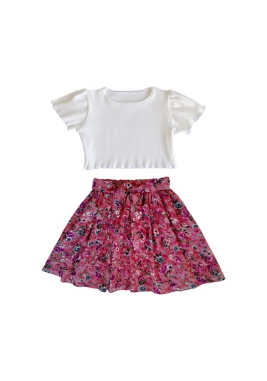 Çocuk Etekli Crop Takım, Çiçekli Koyu Gülkurusu Etek - Ekru Crop Ekru-gulkurusu2 Ekru - Gülkurusu