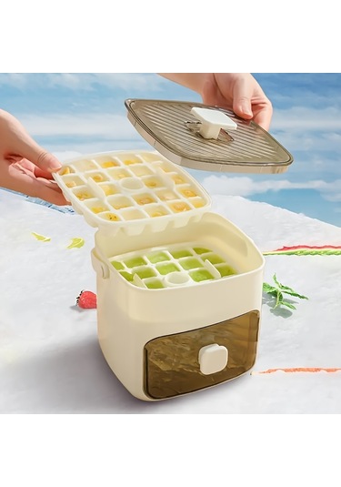 Taşınabilir İtmeli Buz Tepsisi Buz Küpü Kalıbı Çekmeceli Çok Katmanlı Ev Tipi Buz Kutusu Çok Amaçlı Buz Makinesi Yeşil