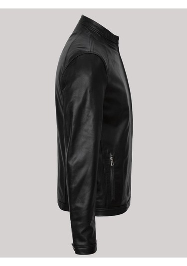 Hakiki Kuzu Derisi Siyah Erkek Deri Mont Düz Kesim Cepleri Fermuarlı Deri Ceket Siyah