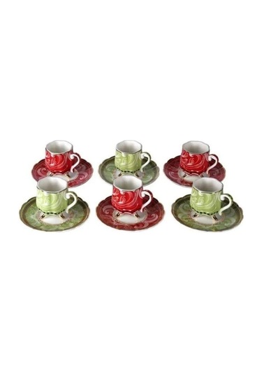 Lucky Art Lancelot Bone 6lı Ayaklı Kahve Fincanı Seti Kırmızı - Mavi