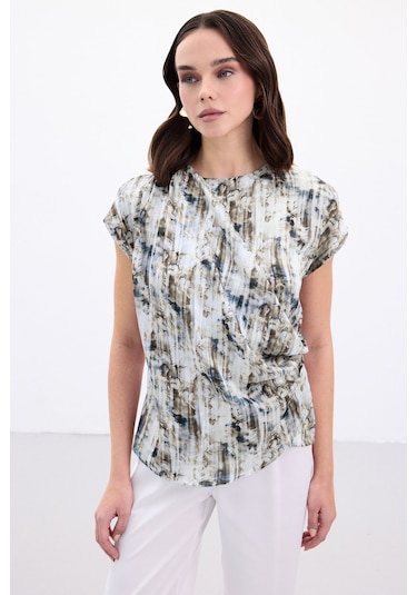 Sateen Pileli Kolsuz Bluz - İndigo-136862 İndigo