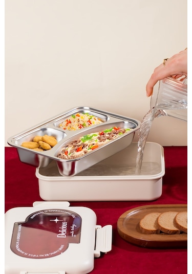 Porsima 3110 Paslanmaz Çelik 3 Bölmeli Vakumlu Yemek Termosu Beslenme Kutusu Taşınabilir Lunch Box Sefer Tası - Krem