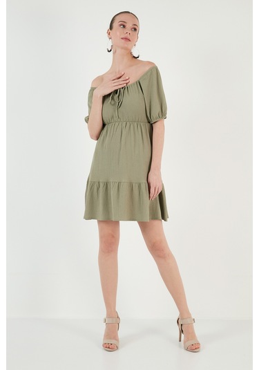 Lela Önü Büzgülü Balon Kollu Mini Bayan Elbise 5869005 Olive