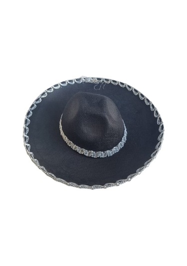 Meksika Mariachi Latin Şapkası Lüks 41cm Siyah Zemin Üstüne Gümüş Sim Kenarlıklı Parti Kostümü
