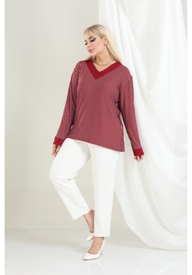 Bambu Viskon V Yaka Uzun Kollu Bluz Rahat Kalıp, Büyük Beden Xl 6xl Bordo