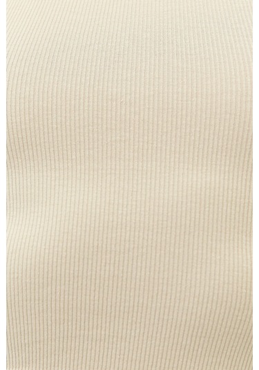 Kadın Yavruağzı Fitilli T-shirt Halter Yaka Örme Atlet Kırık Beyaz