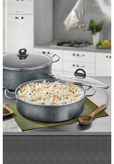 Polochef Megatron Granit Basık Pilav Tencere Kapaklı 40 Cm Gri Gri