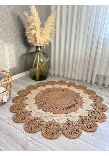 Natura El Dokuma Jüt Bohem Tarz Otantik Salon Oturma Odası Koridor Natural Halı Pamuklu Halı Kırcıllı-krem