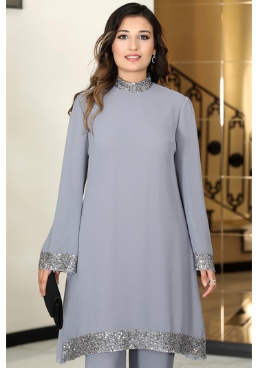 Umay Şifon Tunik Pantolon İkili Tesettür Takım Gri Gri