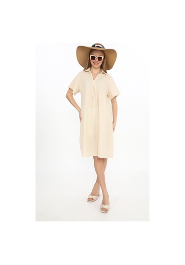 Yarım Kol V Yaka Keten Elbise-9164 Bej