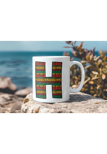 H Harfi Etnik Desenli Kupa - Afrika Tarzı Kahve Çay Kupası - Hediyelik - Black History Beyaz