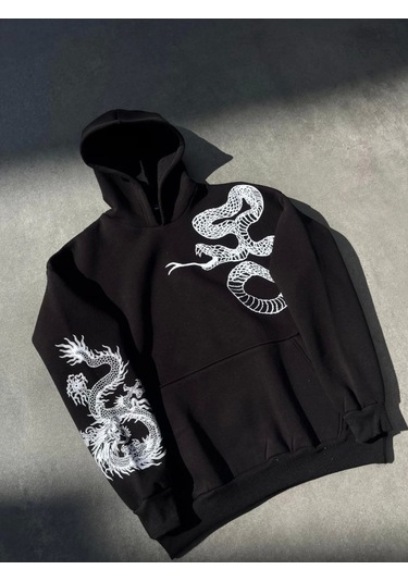 Uzun Kol Kapşonlu Baskılı Sweatshirt - Siyah Anrasit