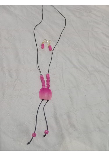 Deri İpe Yapılmış Pembe Uçlu Modern Y Kolye Ve Küpe Takımı Pembe