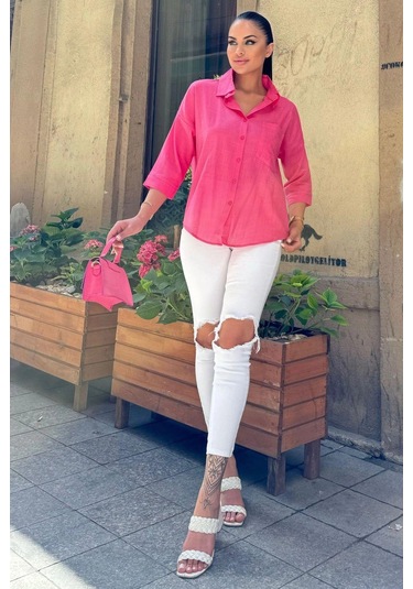 Kadın Fuşya Truvakar Kol, Oval Kesim, Terletmez, Flamlı Keten Salaş Gömlek Fuşya